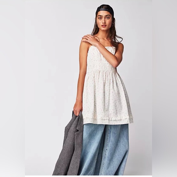 Free People Dresses & Skirts - Free People white purple gabby ruffle smocked Mini Dress size medium new